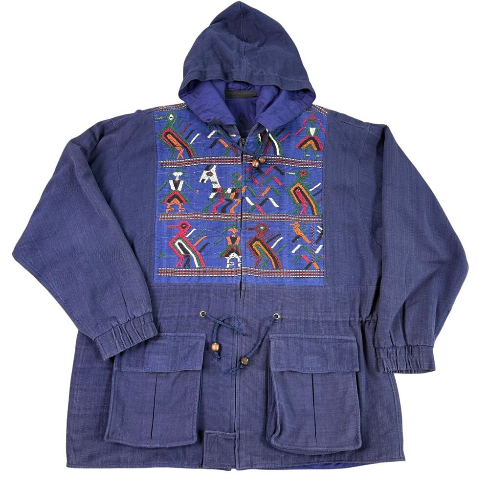 Catalina's Hooded Jacket Men's L Blue Cotton Mayan Huipil Embroidered